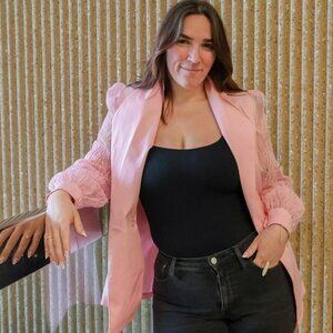 Chic Pink Blazer w/ Sheer Lace Puff Sleeves | Feminine Statement Jacket |